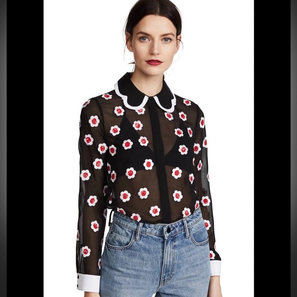 Alice + Olivia Tops - Alice + Olivia Willa Floral Embellished Scalloped Collar Placket Top Black Sz S